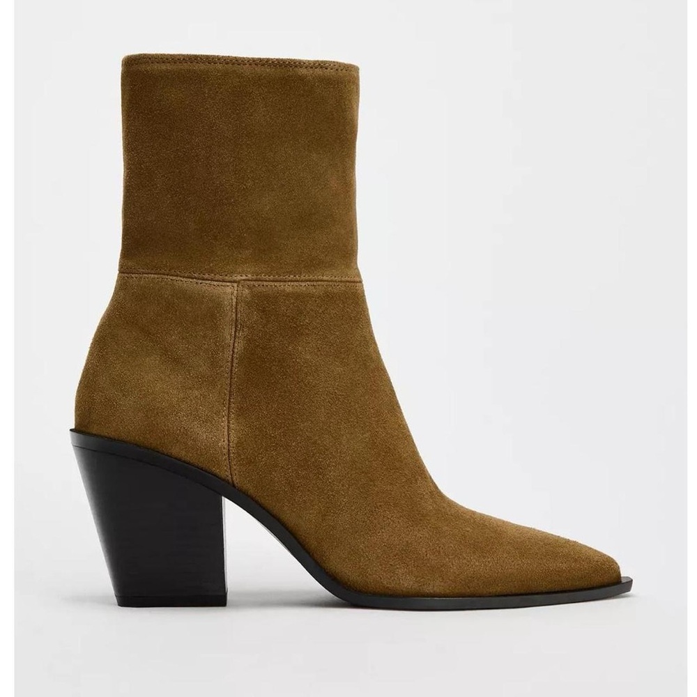 NWT Zara Suede Leather Stacked Heel Pointed Toe Western Boots in Camel Tan - 10